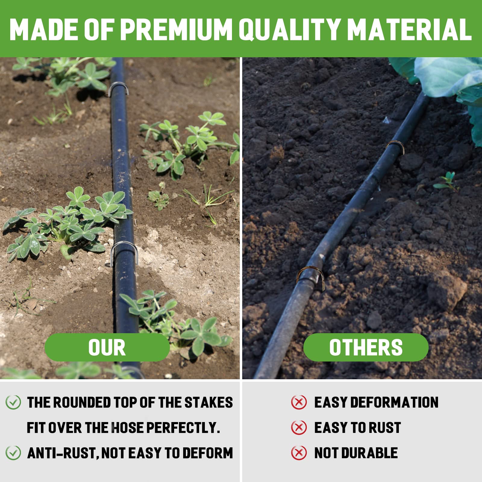 Zevlux irrigation tubing stakes stabilizing drip lines in a garden bed.