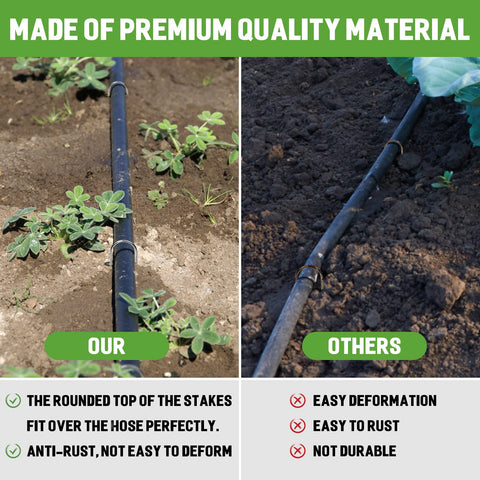 Zevlux irrigation tubing stakes stabilizing drip lines in a garden bed.