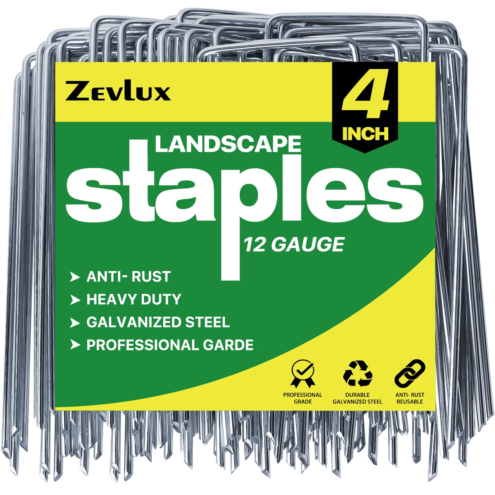 Zevlux 4-inch landscape staples securing landscape fabric for garden beds.