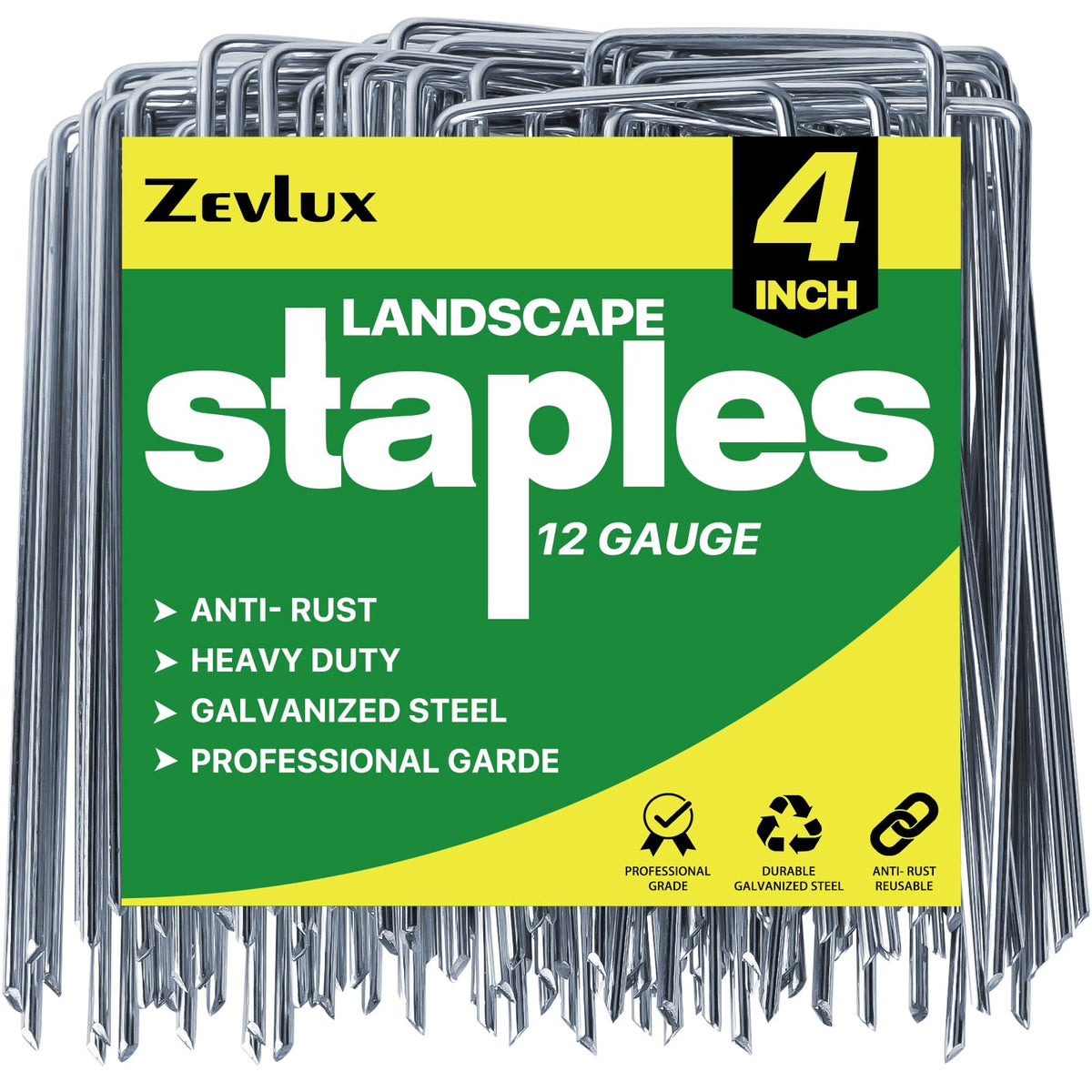 Zevlux 4-inch landscape staples securing landscape fabric for garden beds.