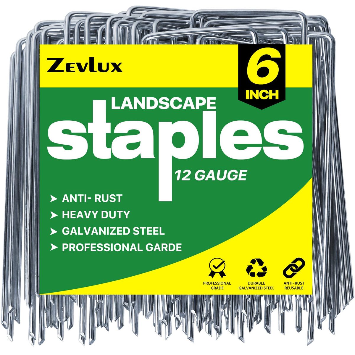 Zevlux landscape staples 6-inch in a 100-pack, ideal for reliable anchoring.