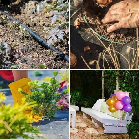 Zevlux stakes securing landscape fabric on uneven ground for weed control.