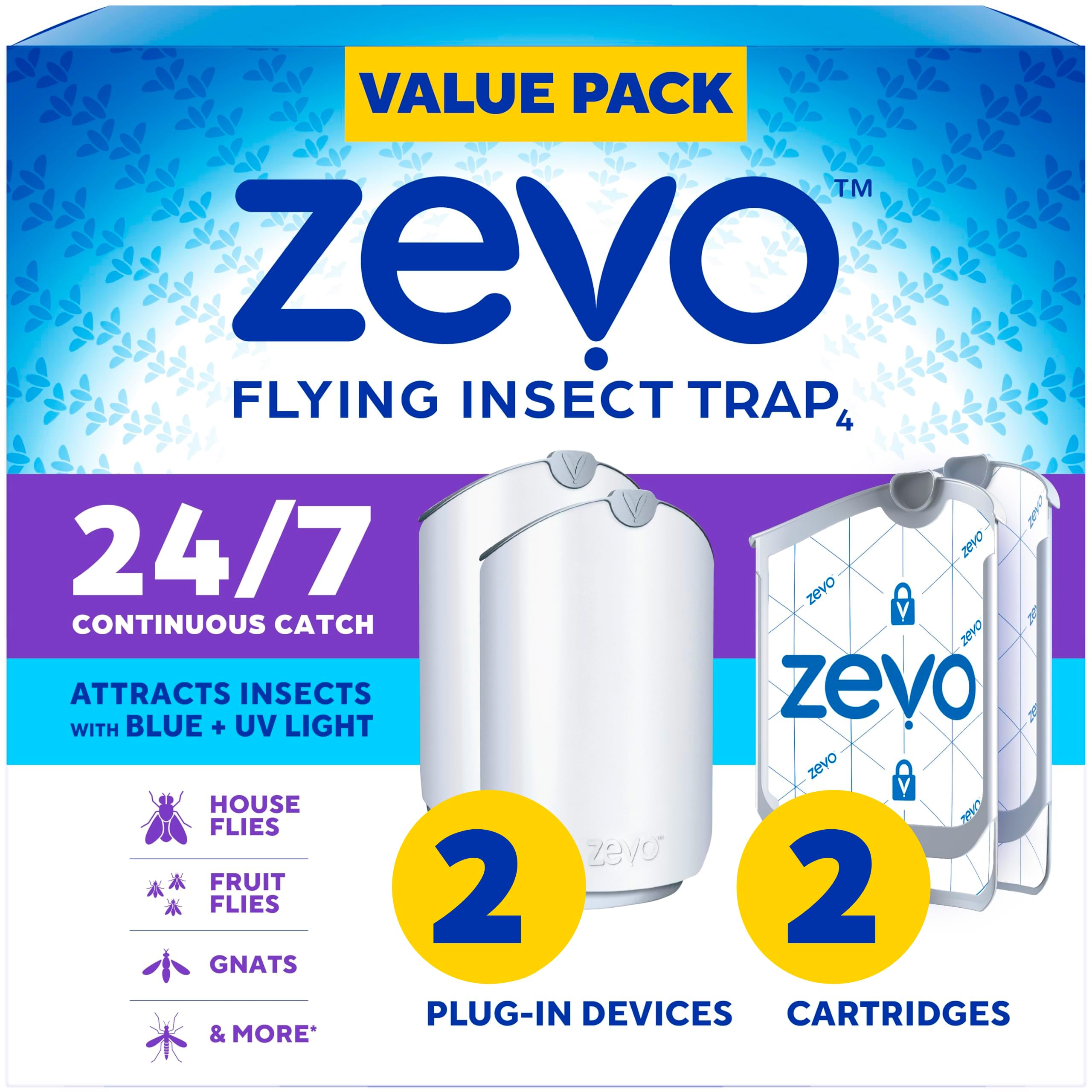 Zevo 2 plug-in trap uses blue UV light to attract and capture flying insects.