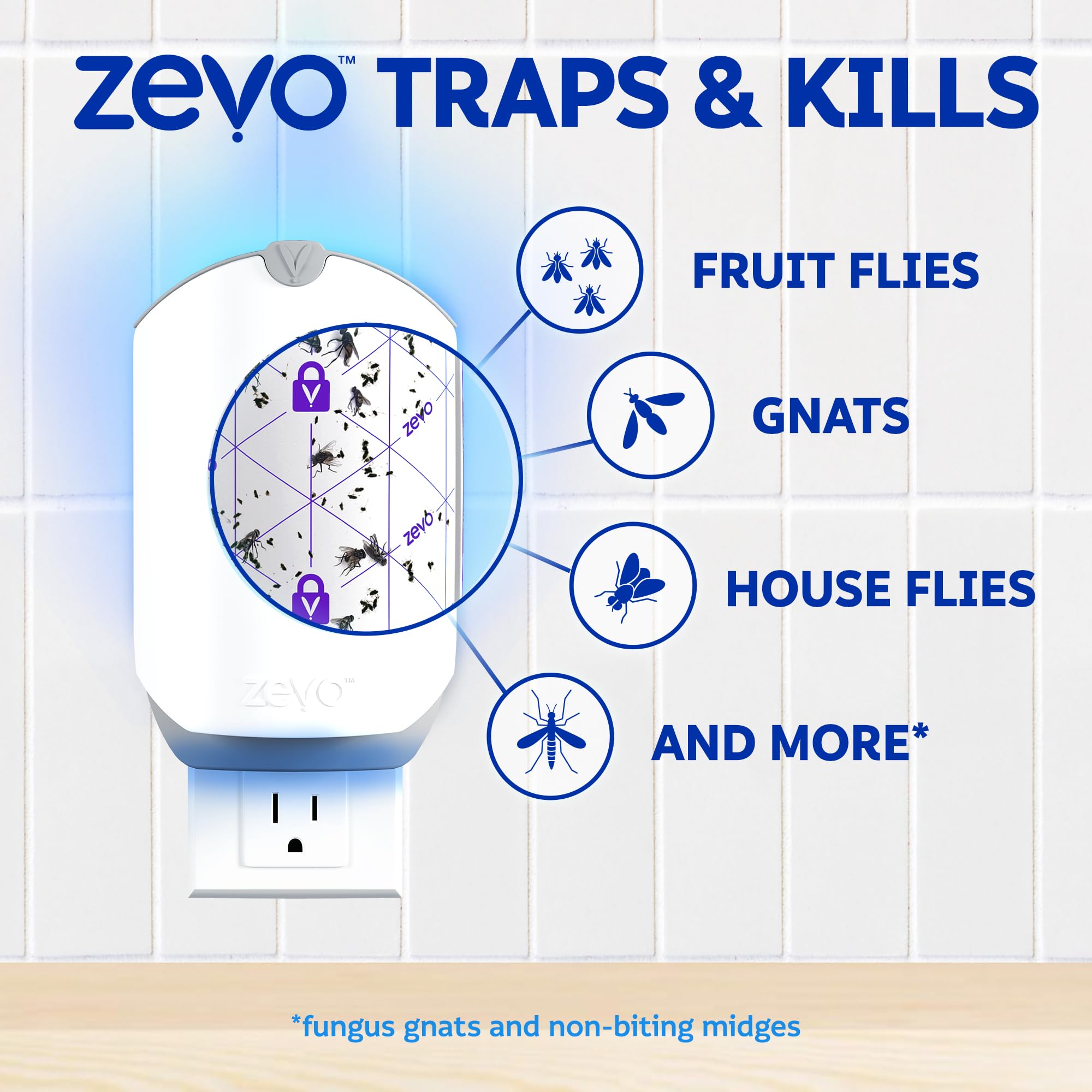 Zevo 2 kitchen placement captures gnats and keeps counters clear.