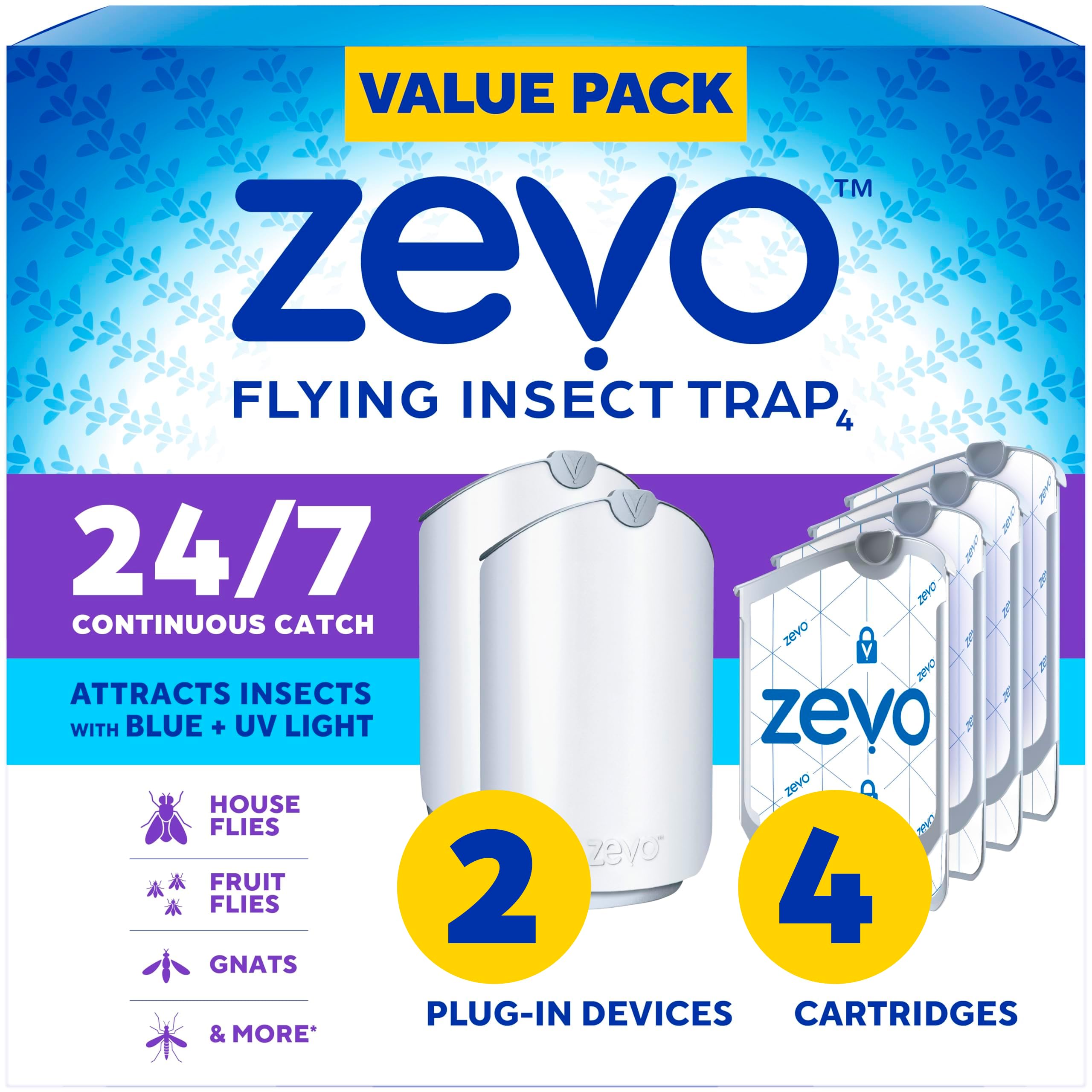 Zevo 2 plug-in fly trap with blue light attracts and captures flying insects.