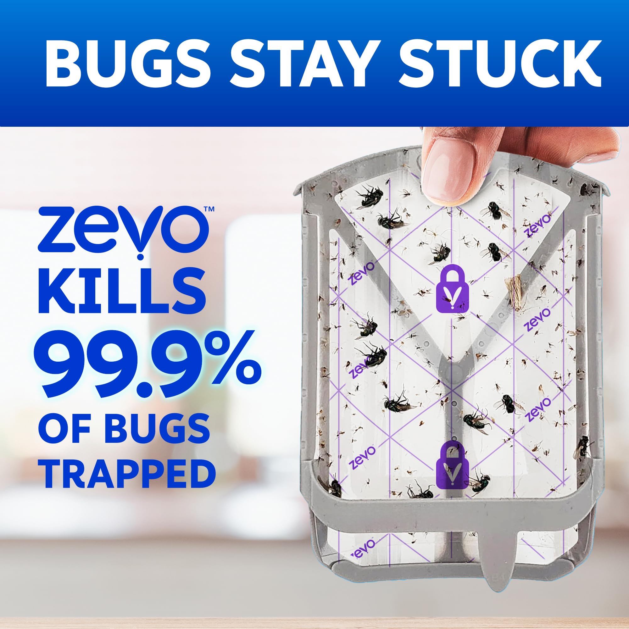 ZEVO 24/7 insect catching capability illustrated for use in kitchen, bathroom, garage.
