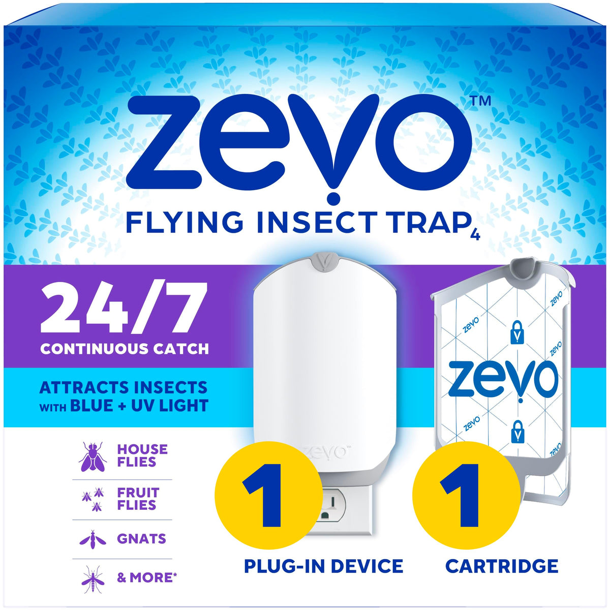 ZEVO flying insect trap device with blue UV light attracting pests in a room