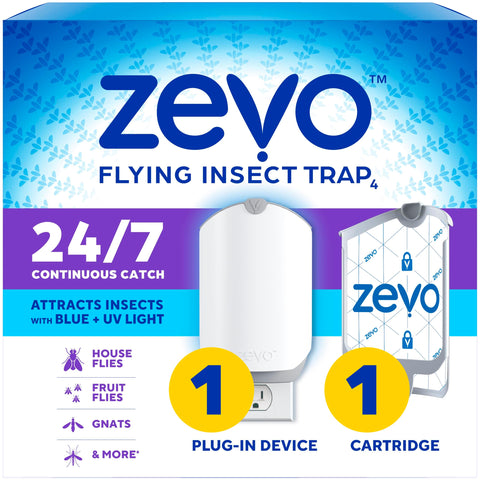 ZEVO flying insect trap device with blue UV light attracting pests in a room