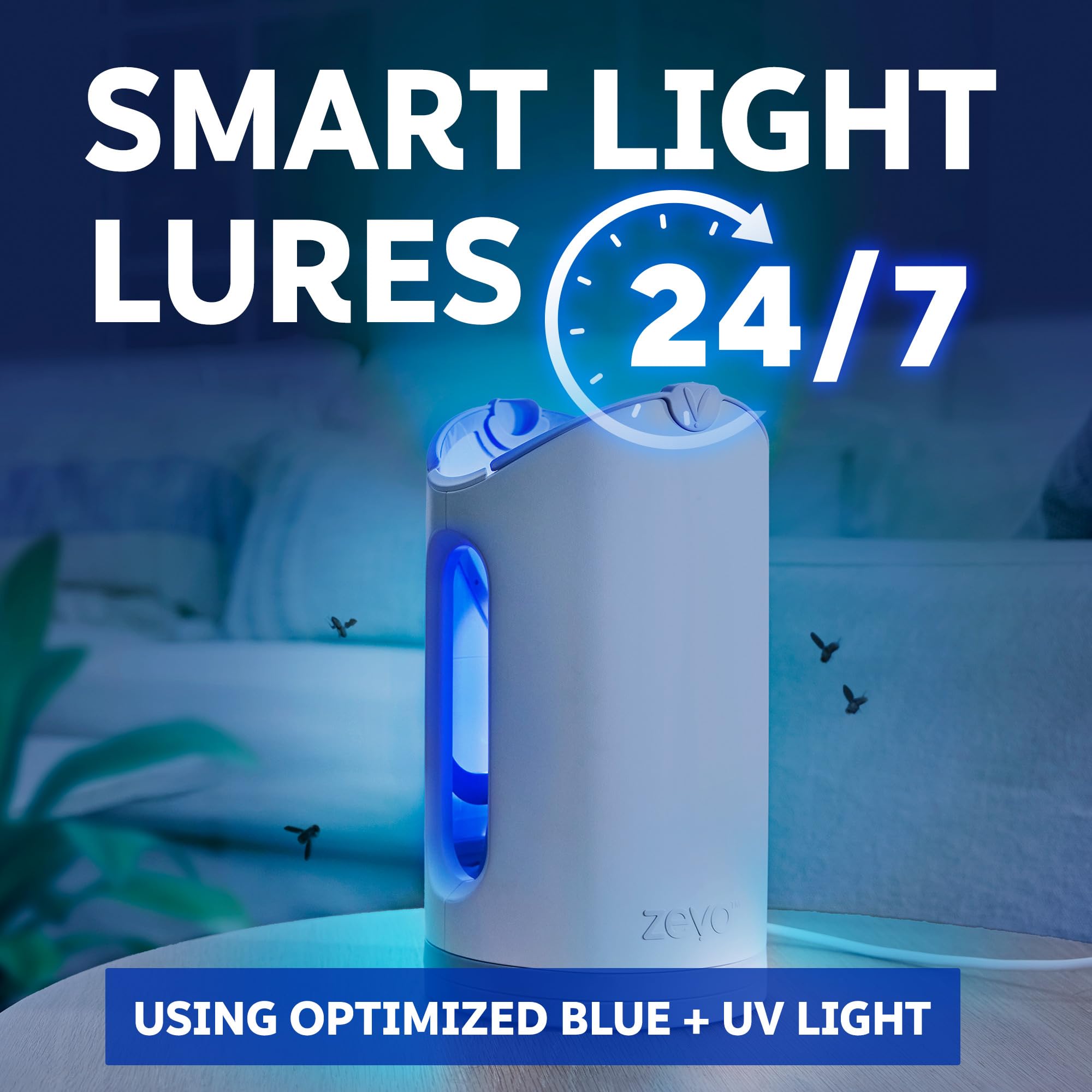 ZEVO MAX trap close-up with blue light attracting insects.