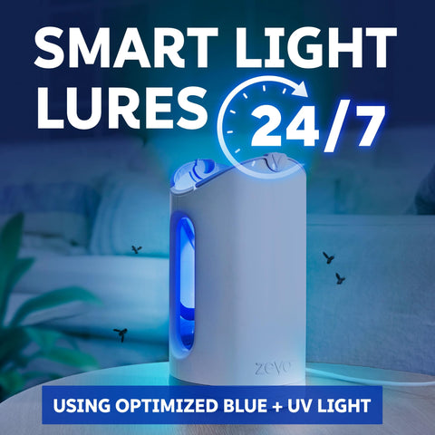 ZEVO MAX trap close-up with blue light attracting insects.