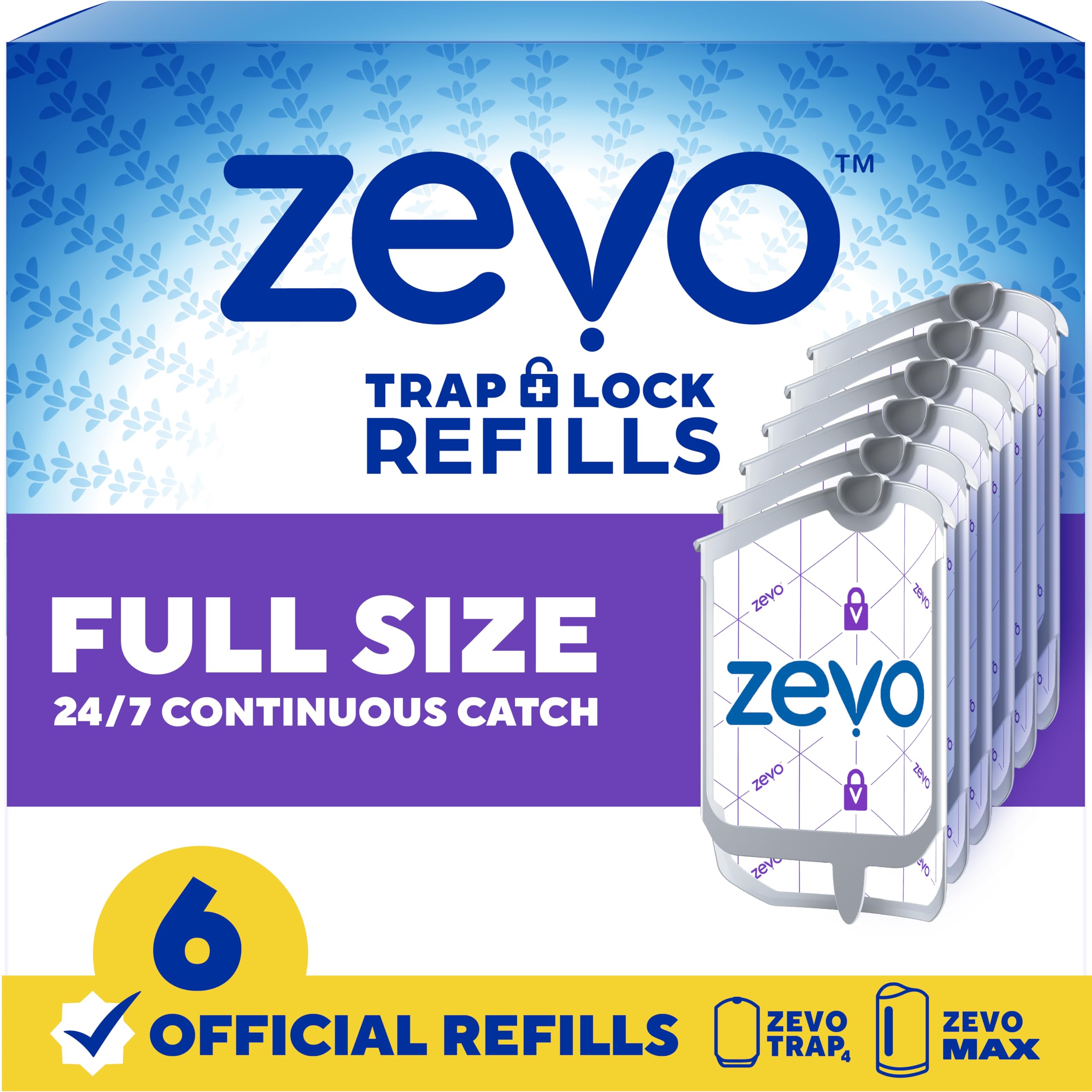 ZEVO six-pack refill cartridges displayed for easy home pest control.
