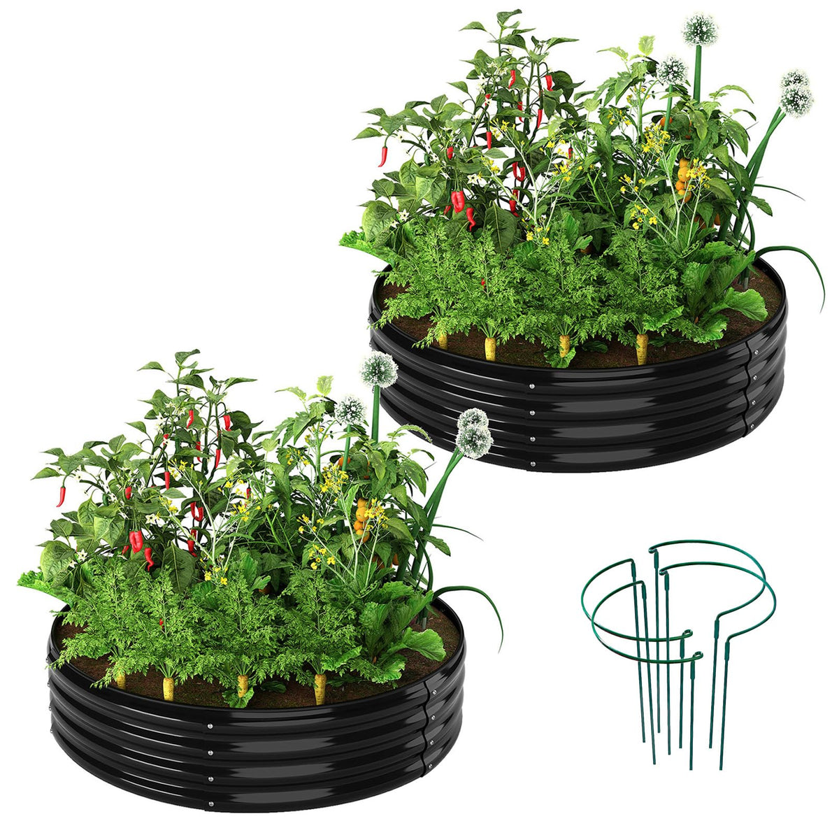ZFHgarden galvanized round planter side view, durable corrosion-resistant metal for outdoor use.