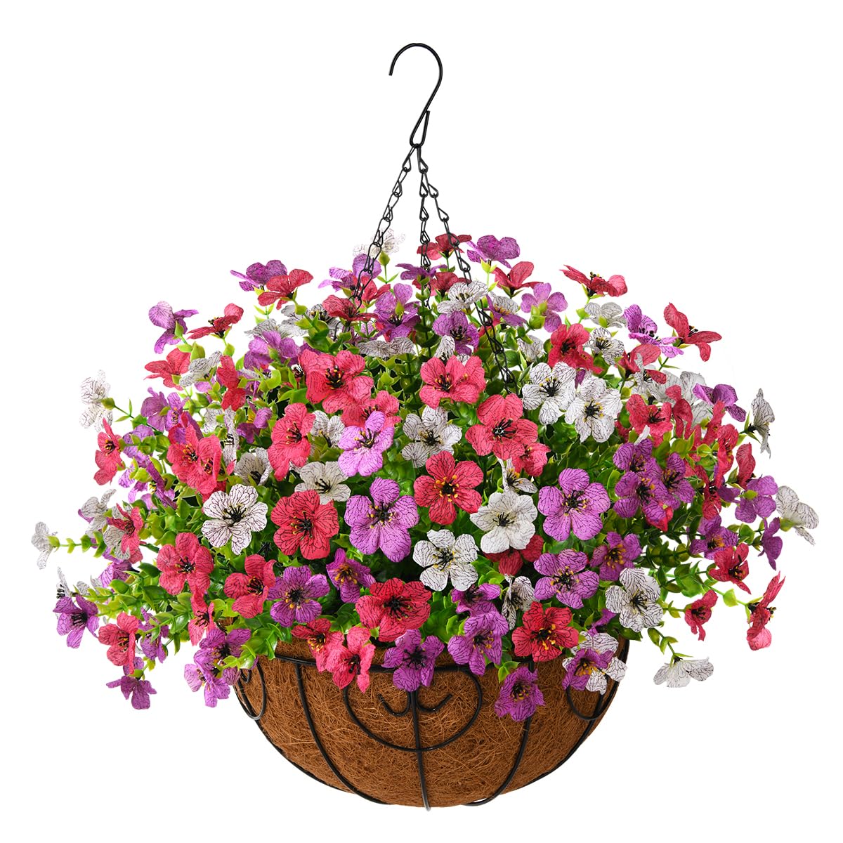 ZFProcess artificial hanging daisies in a purple-white basket for year-round curb appeal.