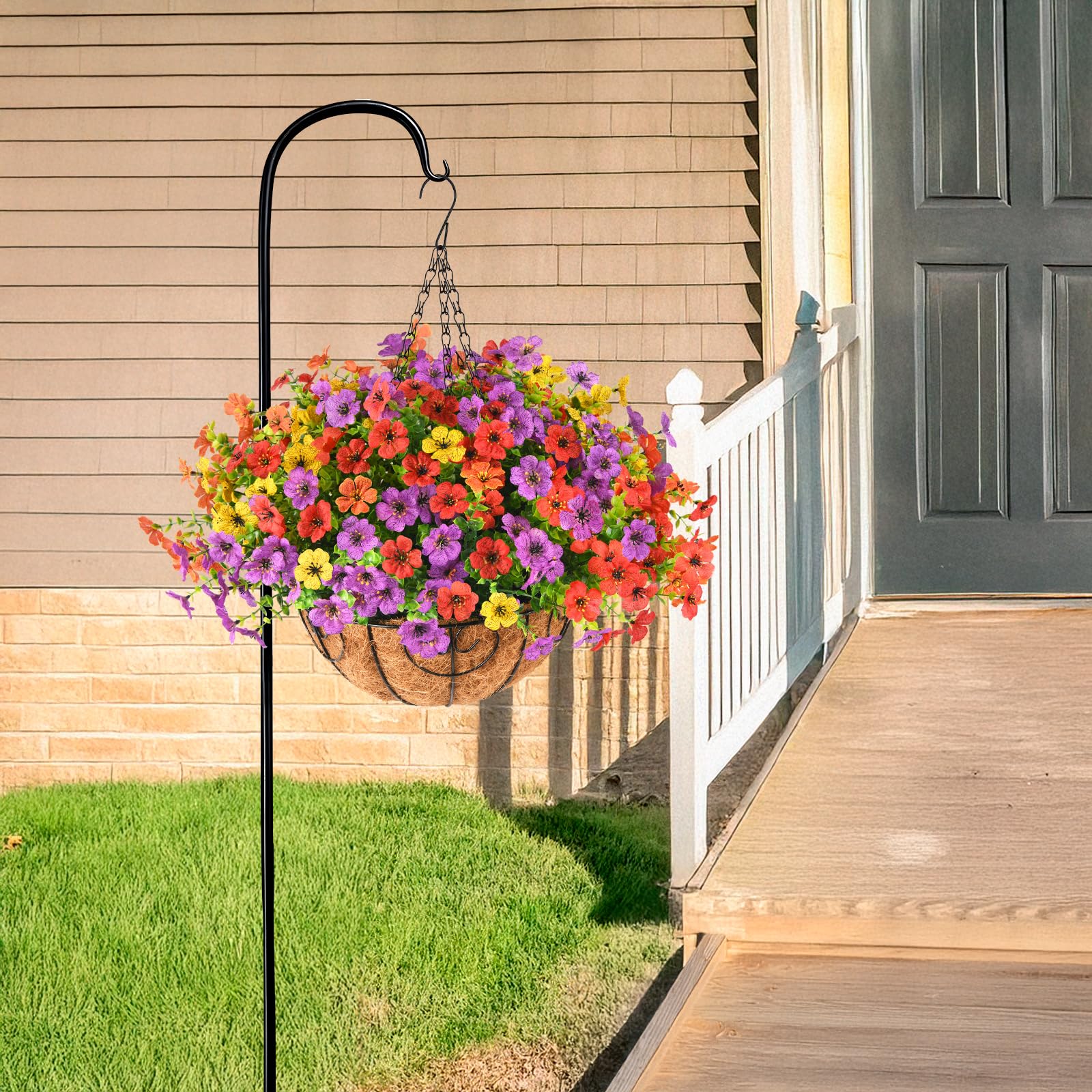Coir basket and metal chain provide sturdy, easy-to-hang display for porch.
