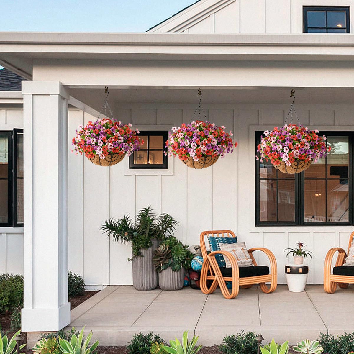 ZFProcess outdoor daisy basket on a porch demonstrates seasonal curb appeal.