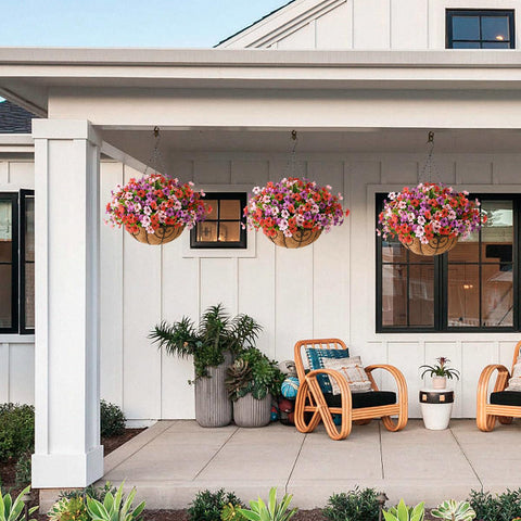 ZFProcess outdoor daisy basket on a porch demonstrates seasonal curb appeal.