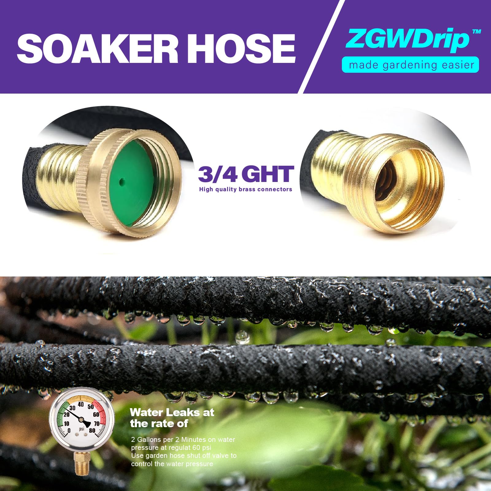 ZGWDrip droplets emerge evenly along the hose for steady soaking.