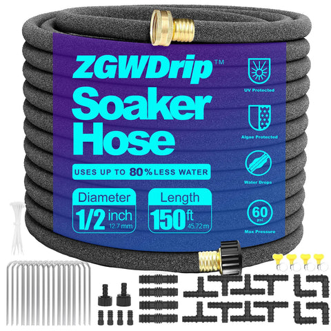 ZGWDrip soaker hose 150 ft laid out for even garden watering.
