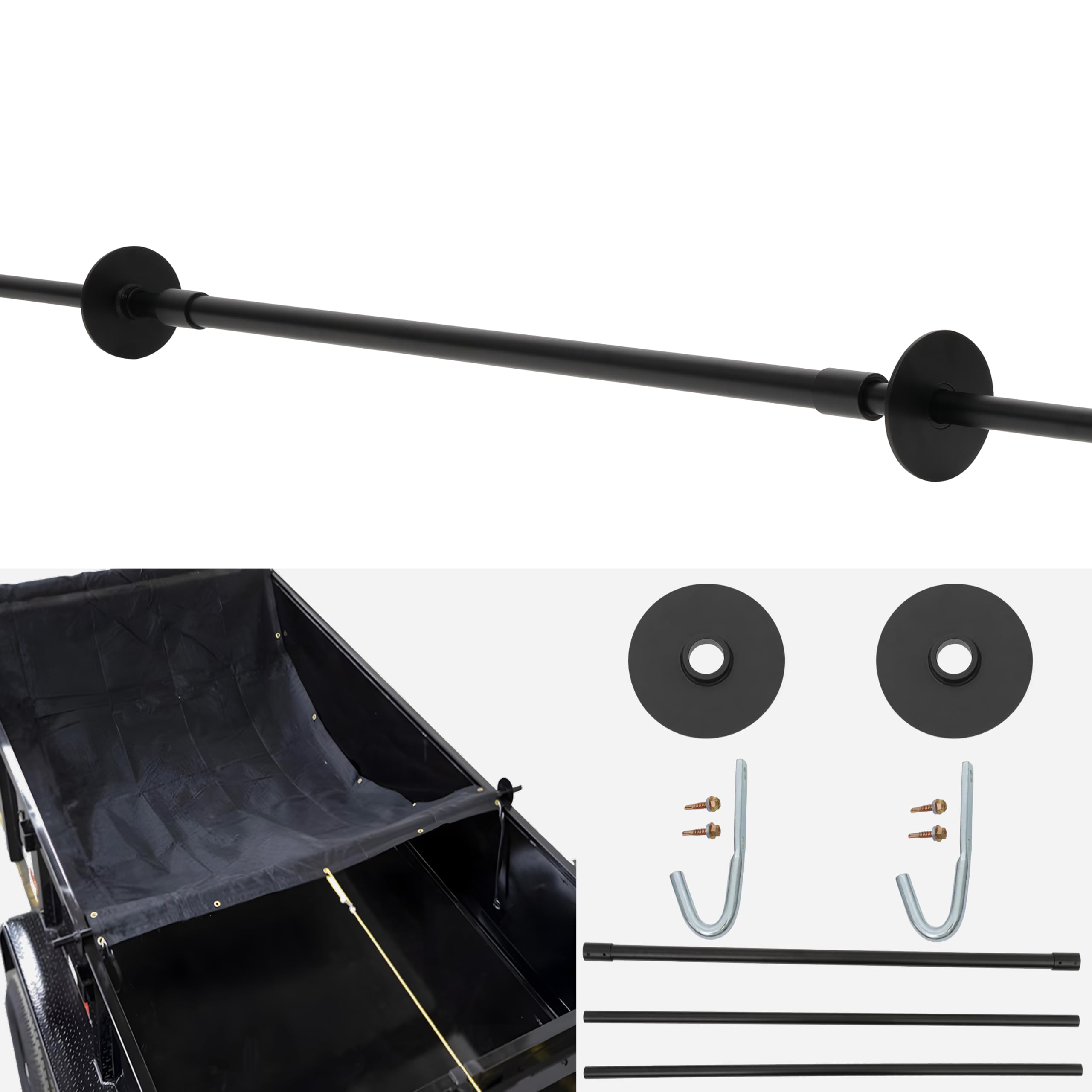 Zhangmengge Wolfwo 100 inch extension tarp bar securing a wide dump trailer
