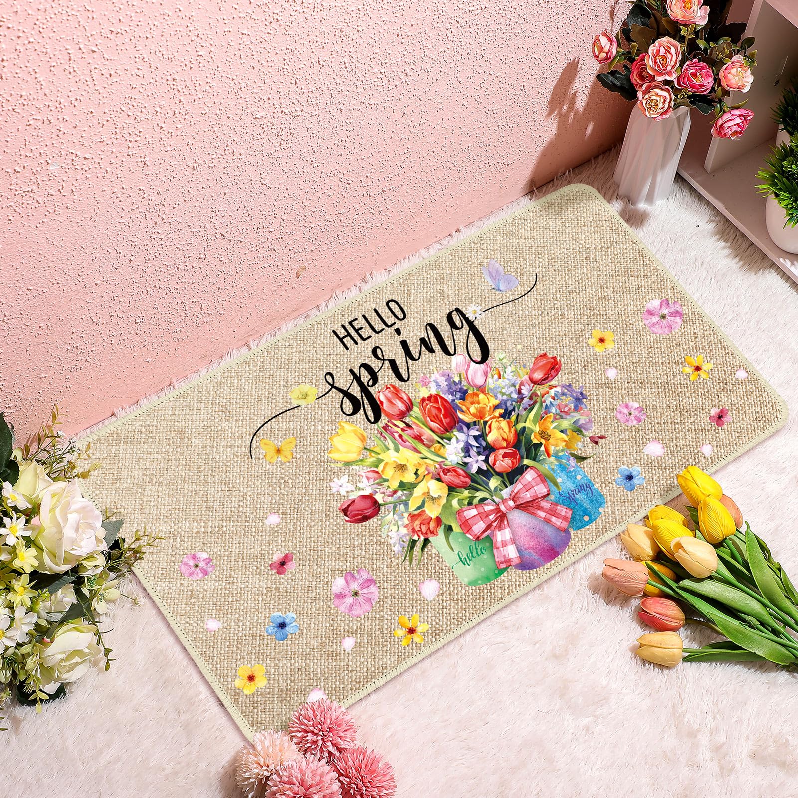 Zhanmai Spring Welcome Doormat with floral pattern enhances curb appeal