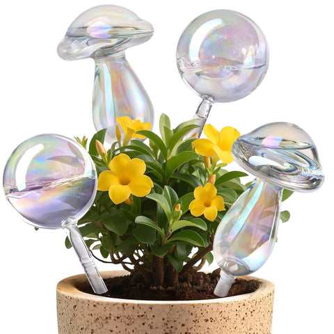 ZhenD iridescent self-watering globes in a 4-pack ready to hydrate plants.