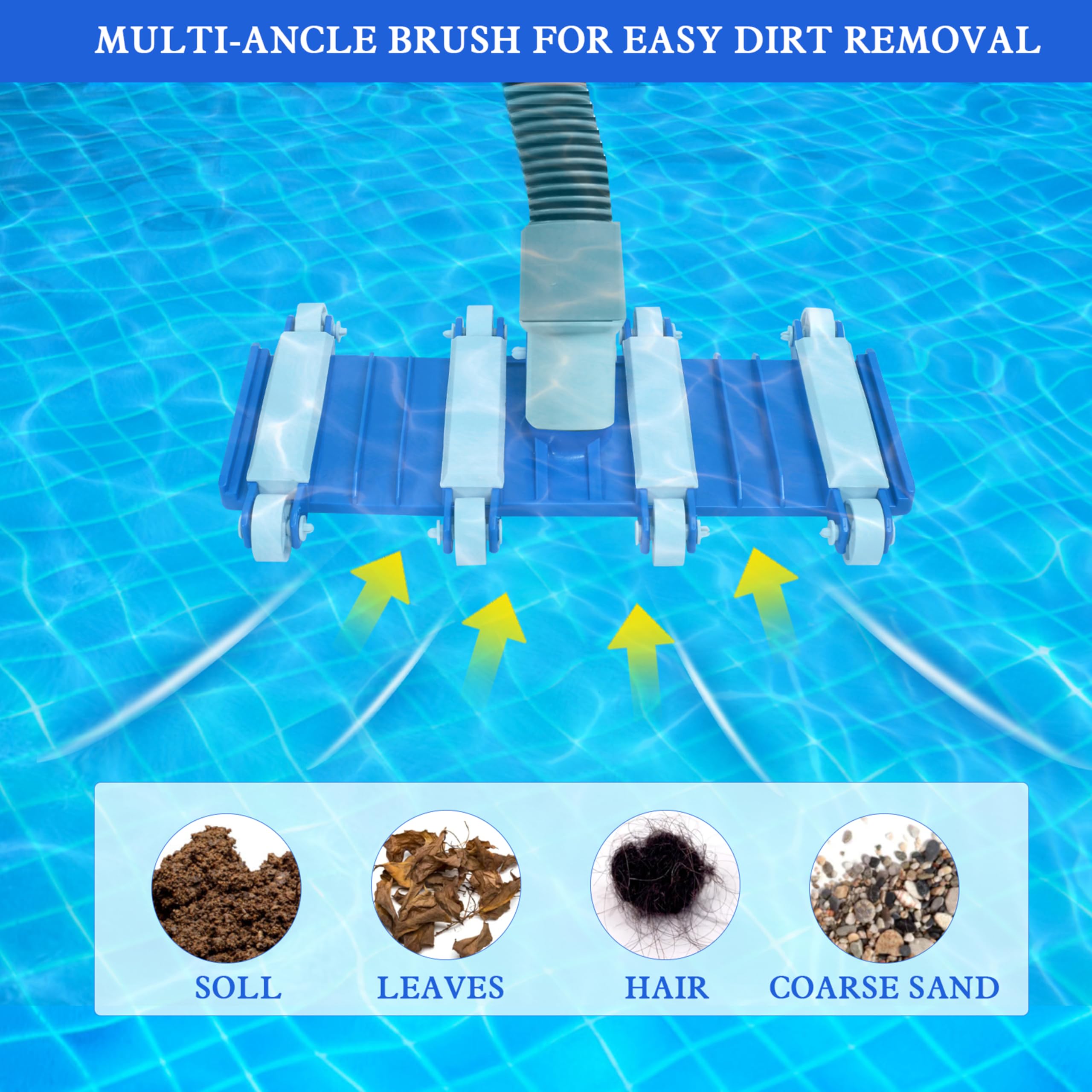 Zhengjiake pool vacuum head compatible with 1.25-inch poles and 1.5-inch hoses for versatile setup.