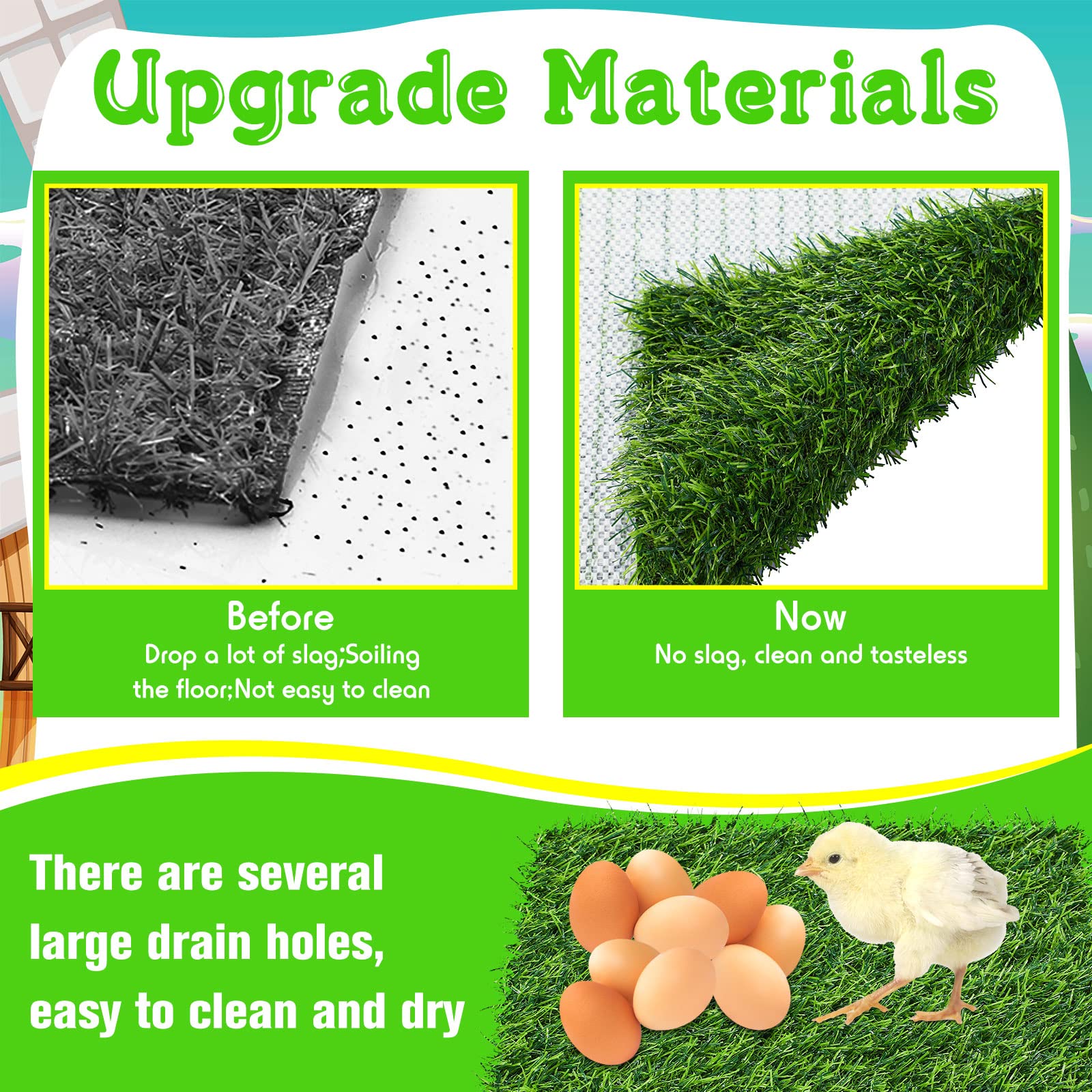 Zhengmy artificial grass mat green provides a soft nesting surface in the coop.