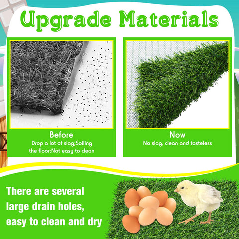Zhengmy artificial grass mat green provides a soft nesting surface in the coop.