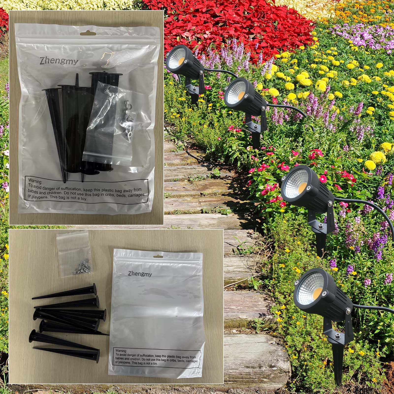 Zhengmy package shows eight stakes with screws and washers for complete setup.