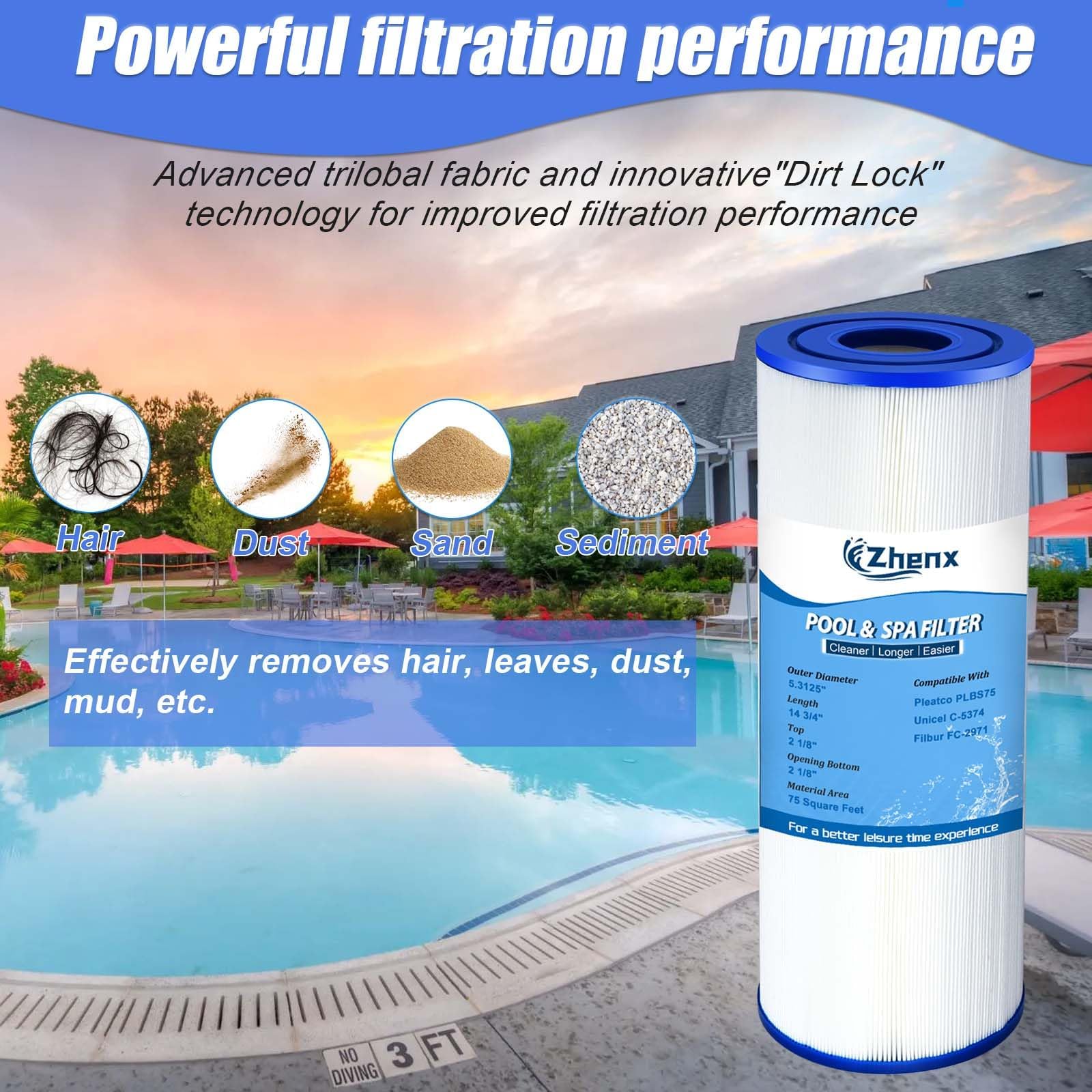Zhenx C-5374 PLBS75 spa filter diameter 5-3125 in for compatibility