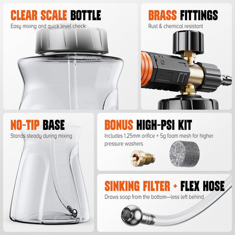 Zhevebaga foam cannon features a durable filter head for consistent foam output.