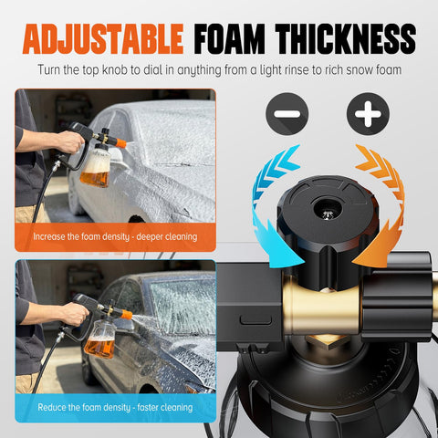 Zhevebaga foam cannon with a universal 1/4 inch quick connector fits most pressure washers.
