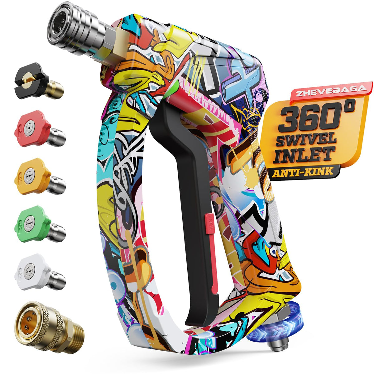 Zhevebaga short pressure washer gun with swivel inlet for easy maneuverability.