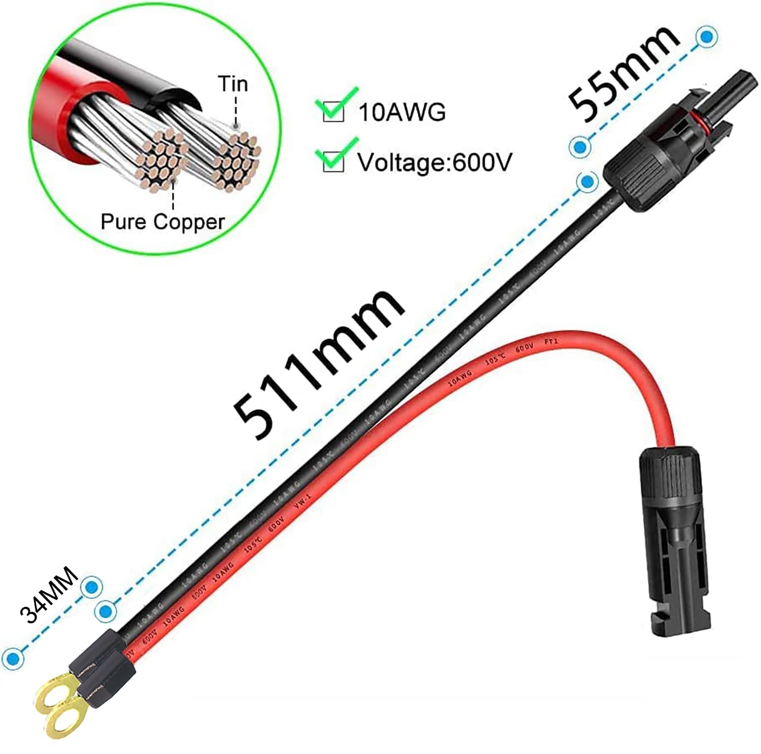 ZHOFONET solar panel to O-type terminal cable showing male and female ends for quick setup