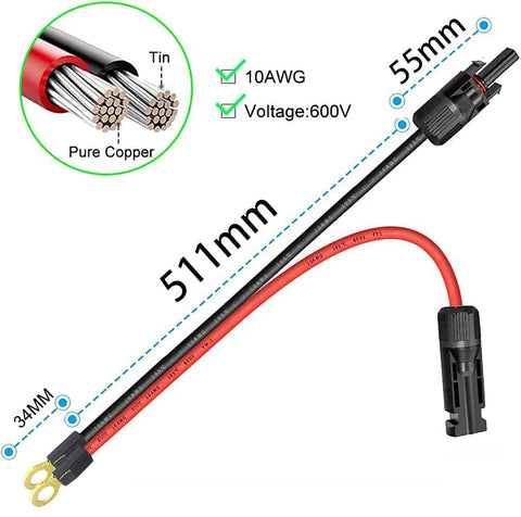 ZHOFONET solar panel to O-type terminal cable showing male and female ends for quick setup