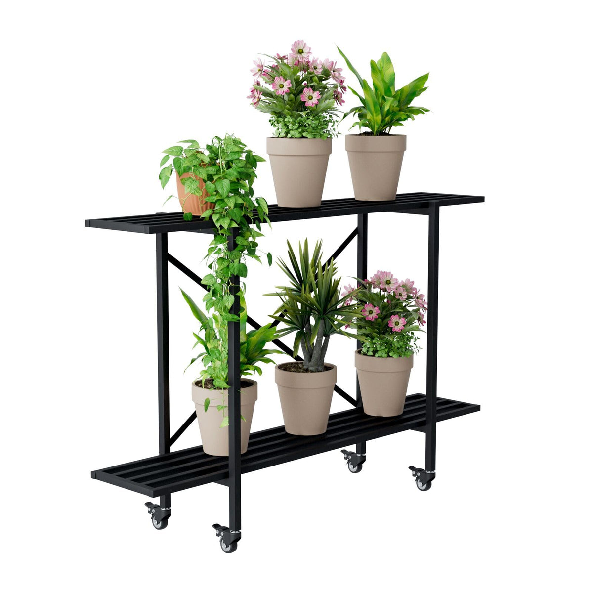 Zhongma 2-Tier Plant Stand with wheels shown in a living room for easy mobility