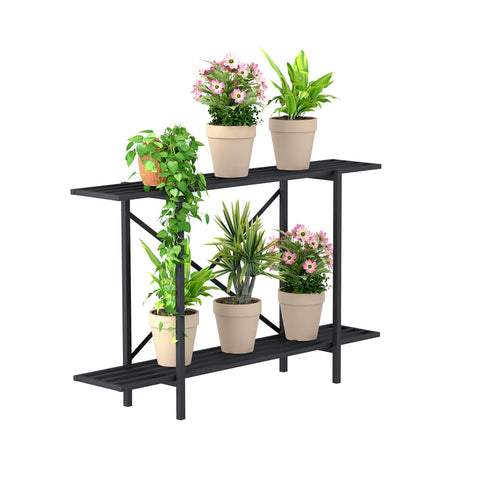 Zhongma 2-tier window-height plant stand securely holds two pots with a compact footprint.