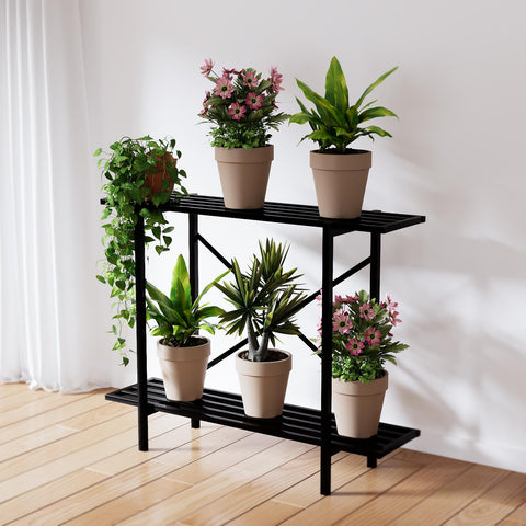 Zhongma 2-tier plant stand, side view, highlighting slim footprint.