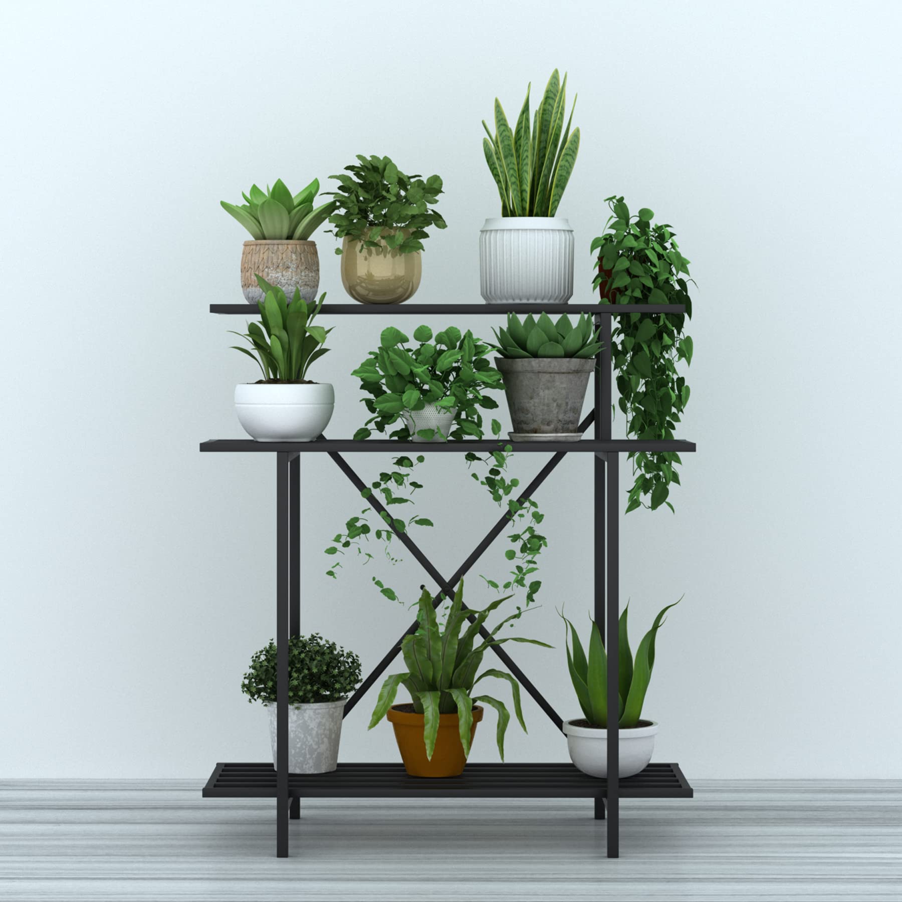 Zhongma 3-tier plant stand rustproof coating withstands weather exposure.