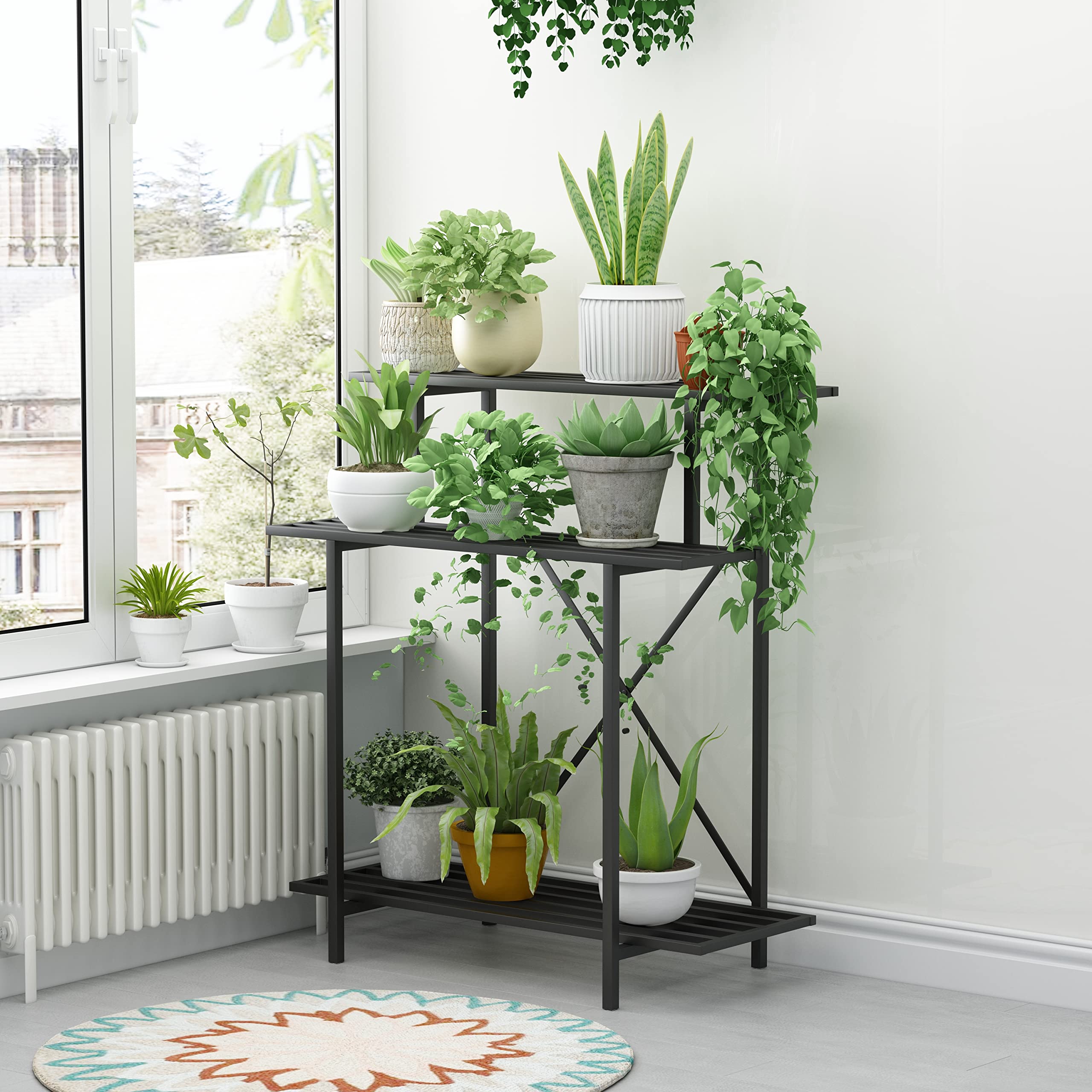 Zhongma 3-tier plant stand side view showing sturdy carbon steel frame and stability.