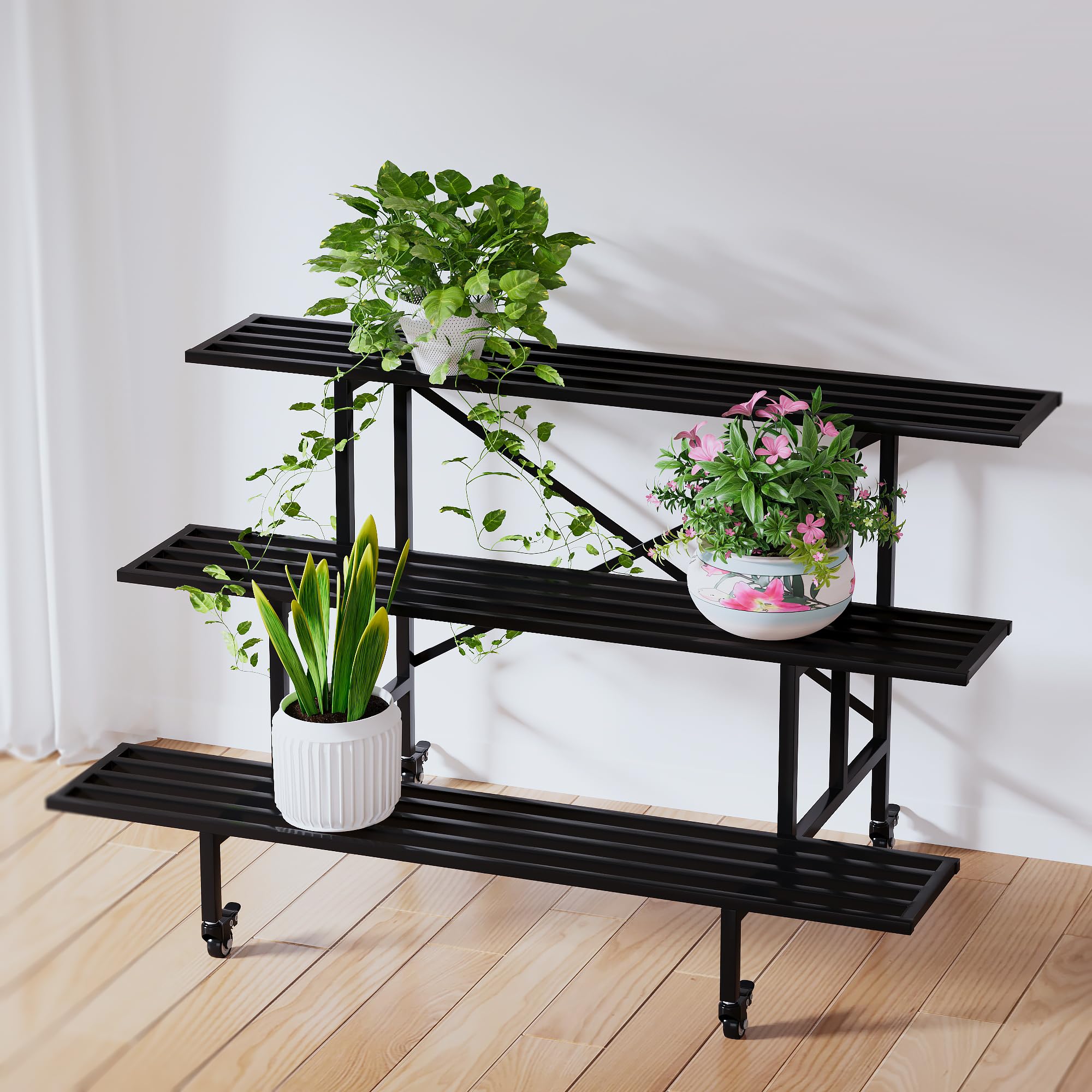 Zhongma 3-tier plant stand wheels front view shows sturdy frame and shelves