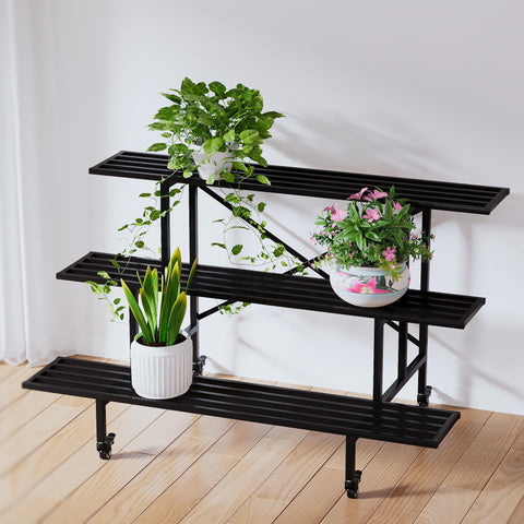 Zhongma 3-tier plant stand wheels front view shows sturdy frame and shelves