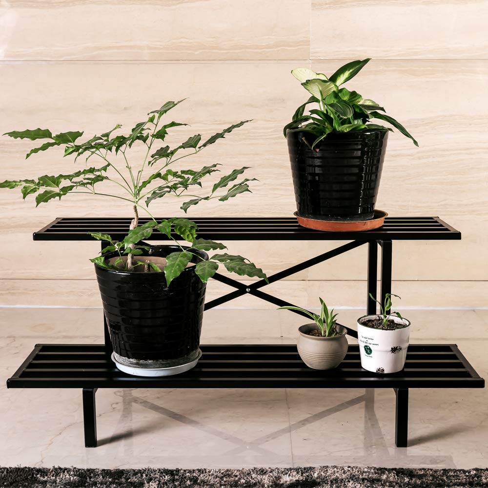 Zhongma two-tier plant stand offers sturdy indoor outdoor display.