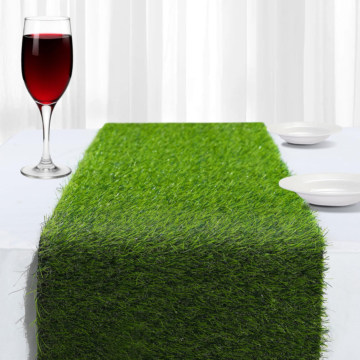ZHOUXITU artificial grass table runner front view adds vibrant, wipe-clean decor for indoor and outdoor use.
