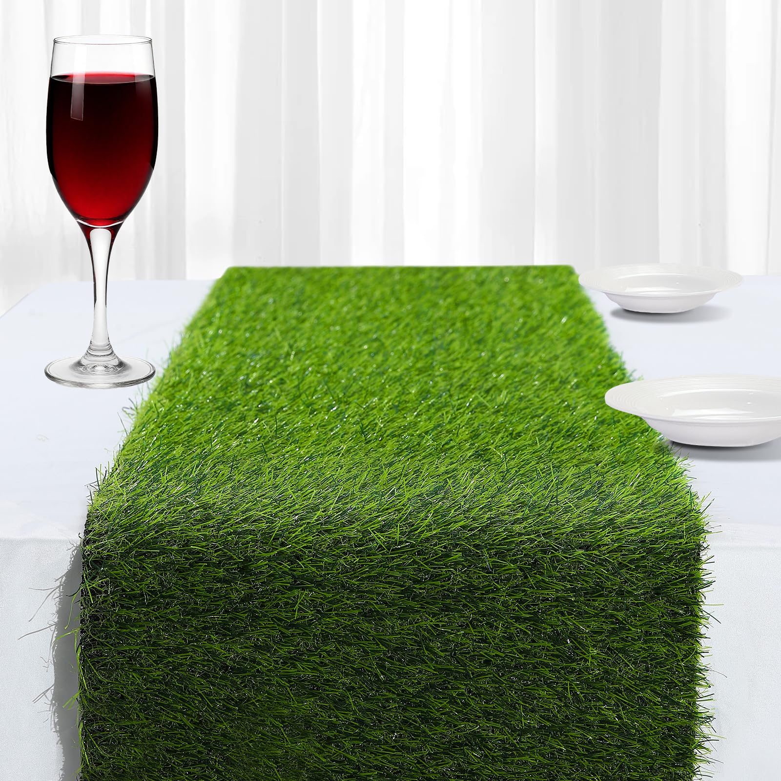 ZHOUXITU artificial-grass-table-runner 36in full view on a table for events.