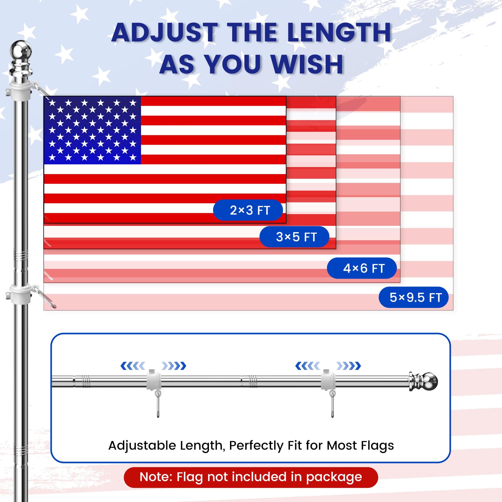 ZHULI flag pole kit includes two tangle-free rings and a corrosion-resistant bracket.