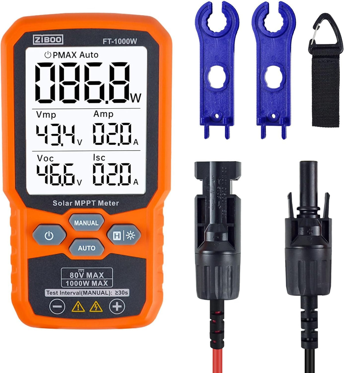 ZIBOO FT-1000W front view highlights rugged solar tester for field use.