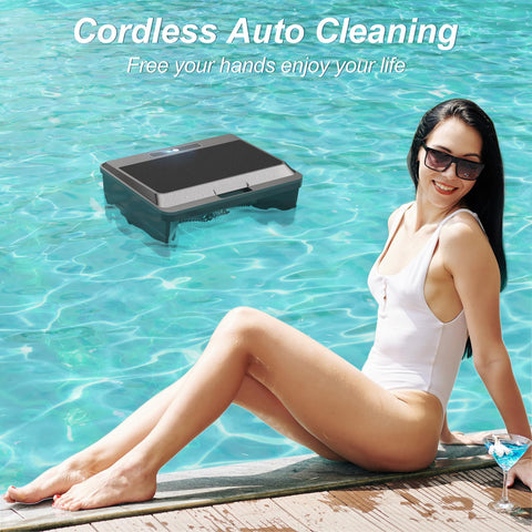 Zigma pool skimmer on charging dock with solar-assisted operation