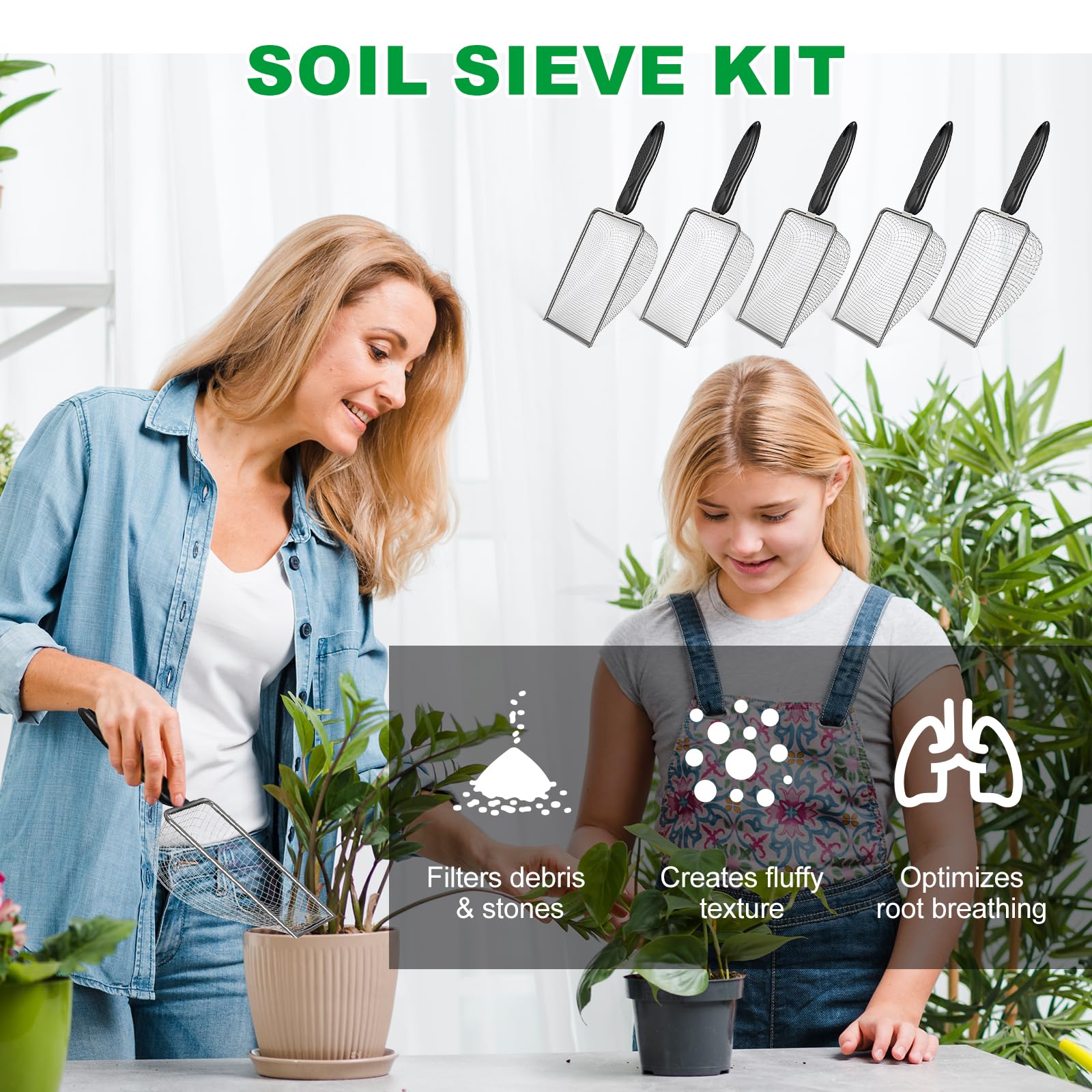 Zihvfzu soil sifter 2-8mm mesh closeup versatile for seeds and stones
