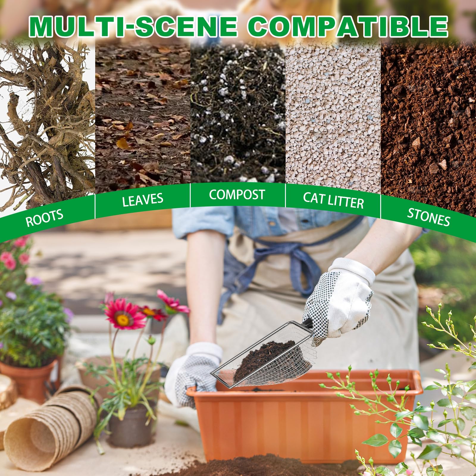 Zihvfzu soil sifter 3-8mm mesh closeup robust garden tool